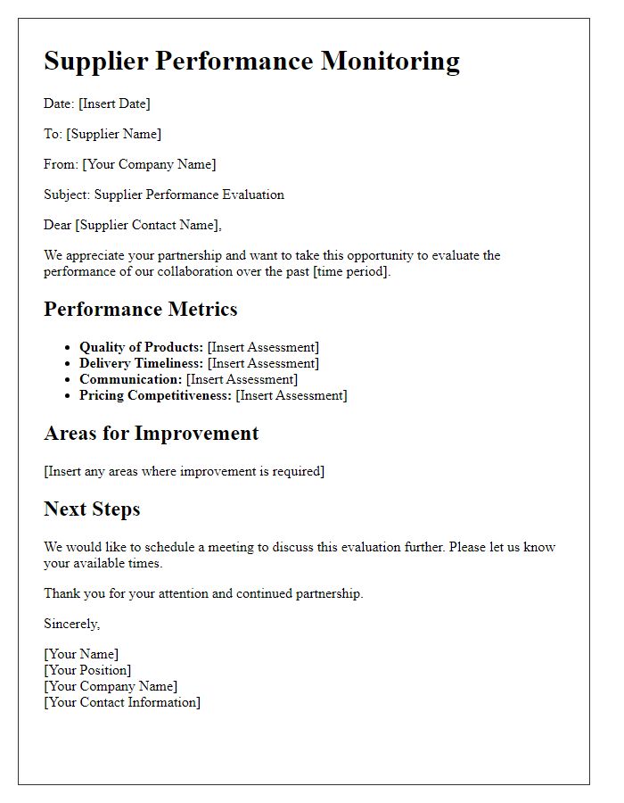 Letter template of supplier performance monitoring