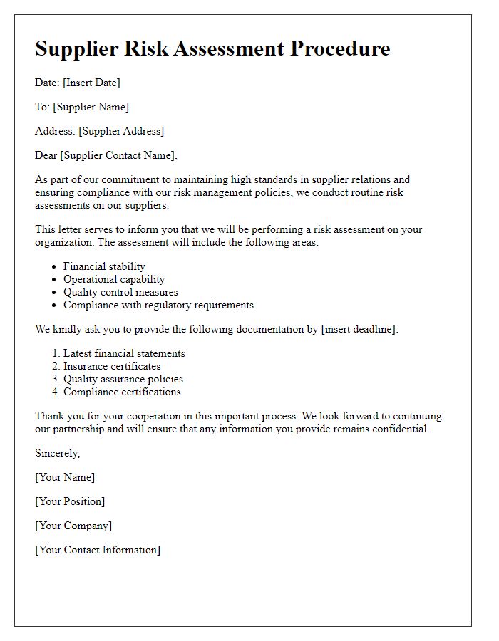 Letter template of supplier risk assessment procedure