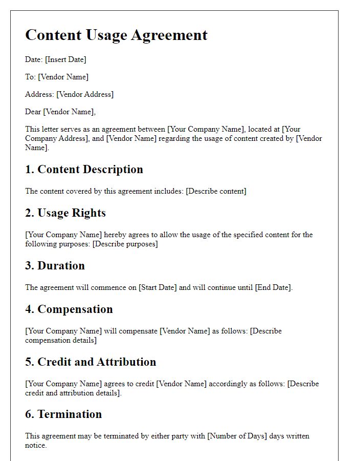 Letter template of Agreement for Content Usage with Vendor