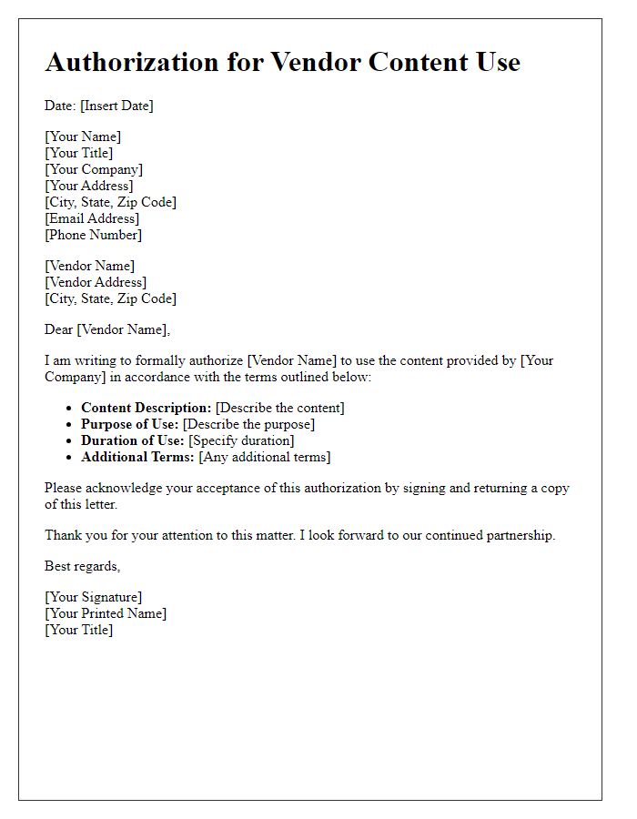 Letter template of Authorization for Vendor Content Use