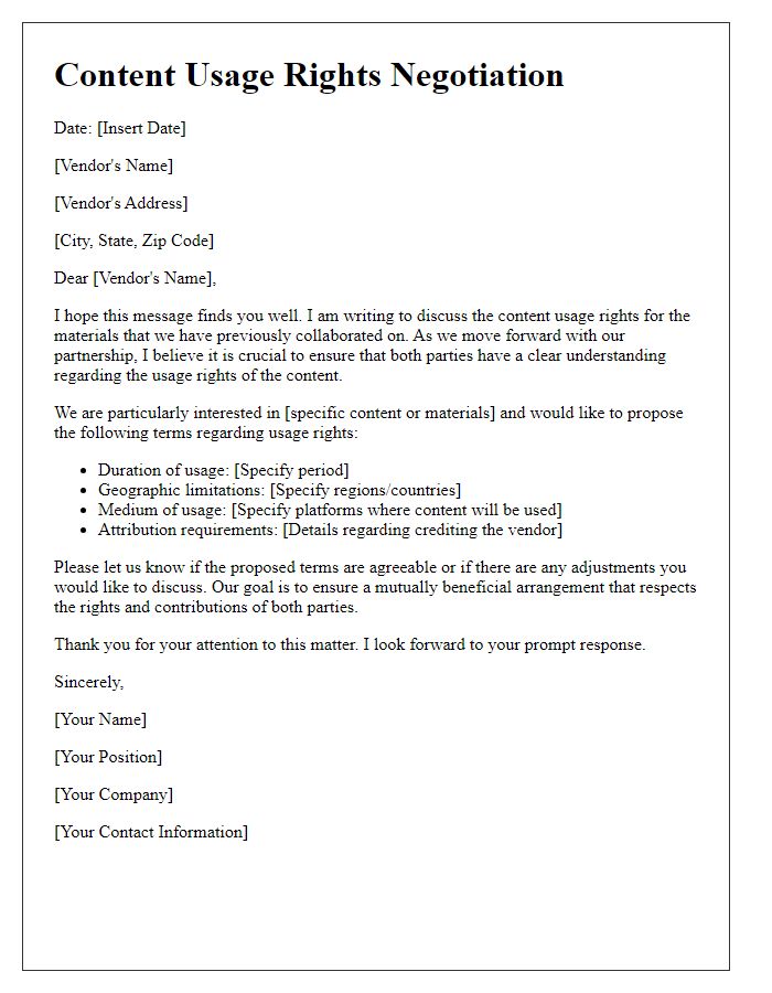 Letter template of Content Usage Rights Negotiation with Vendor