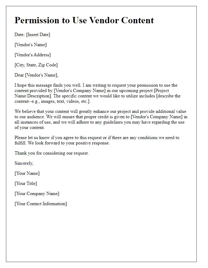 Letter template of Permission to Use Vendor Content