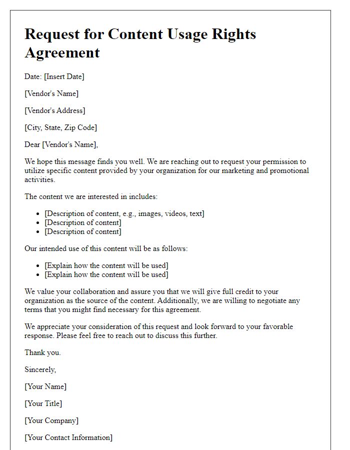 Letter template of Request for Vendor Content Usage Rights Agreement