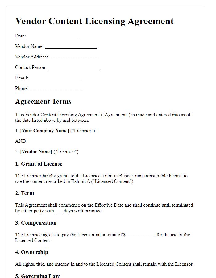 Letter template of Vendor Content Licensing Agreement