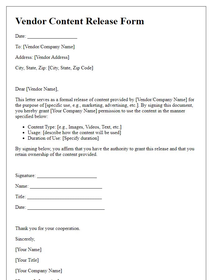 Letter template of Vendor Content Release Form