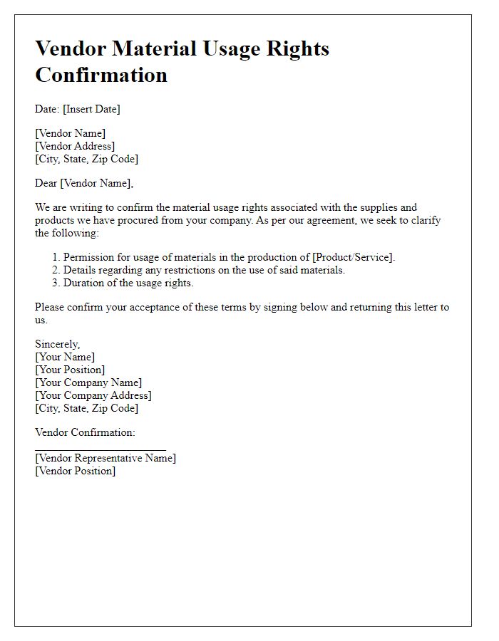 Letter template of Vendor Material Usage Rights Confirmation