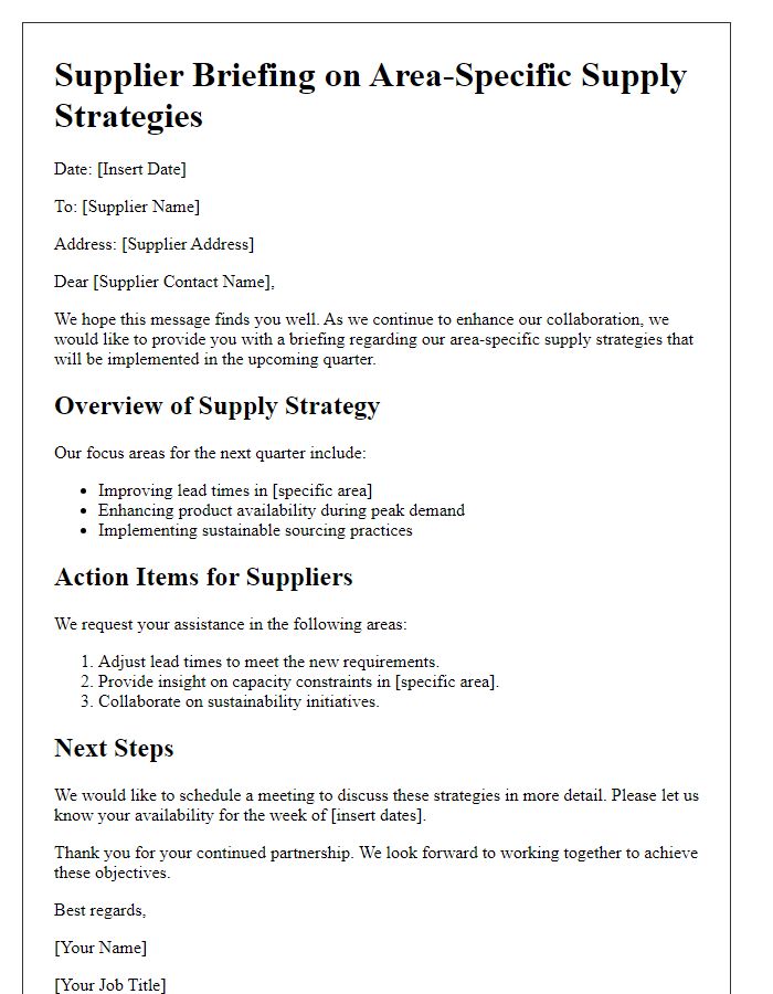 Letter template of supplier briefing on area-specific supply strategies