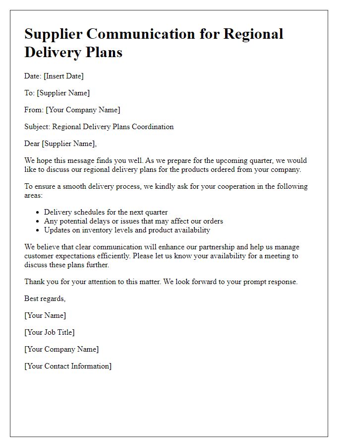 Letter template of supplier communication for regional delivery plans