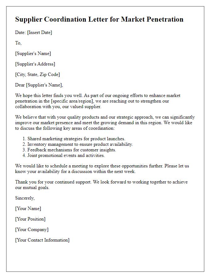 Letter template of supplier coordination for area market penetration