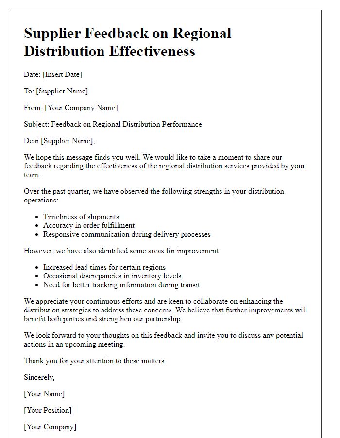 Letter template of supplier feedback regarding regional distribution effectiveness