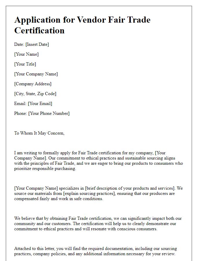 Letter template of application for vendor fair trade certification