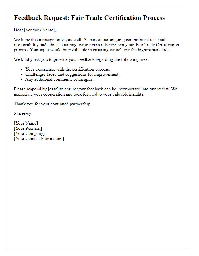 Letter template of feedback request for vendor fair trade certification process