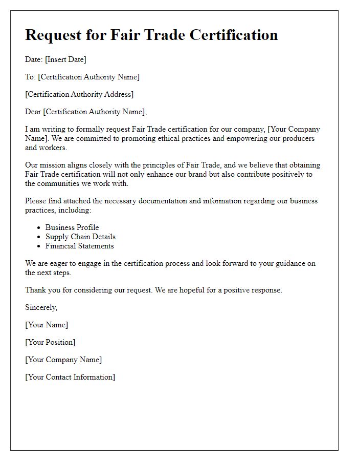 Letter template of request for vendor fair trade certification