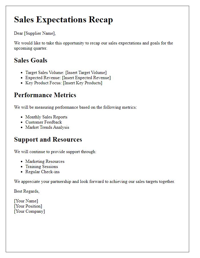 Letter template of supplier sales expectations recap