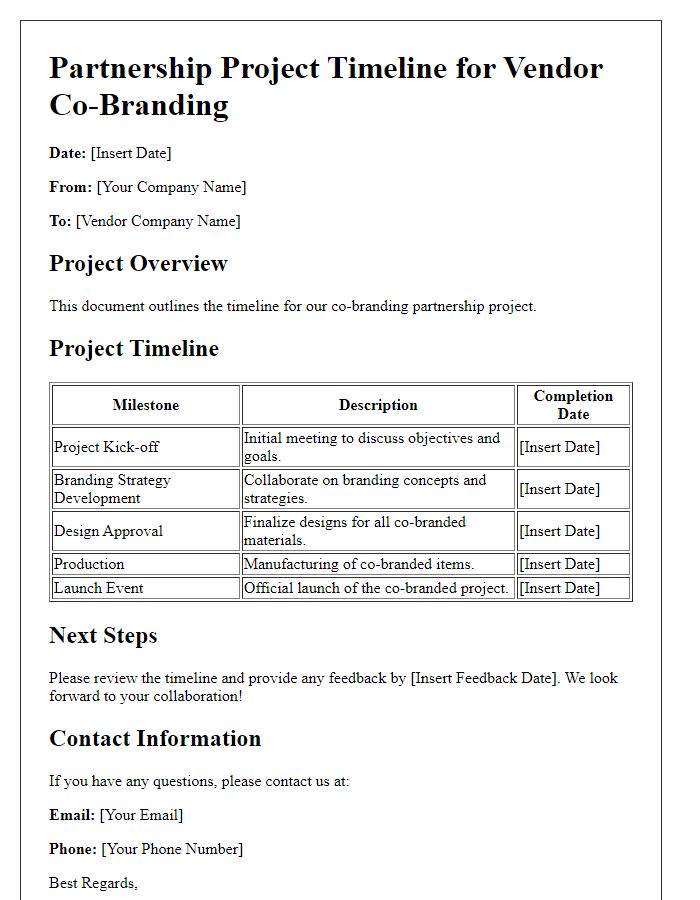 Letter template of partnership project timeline for vendor co-branding