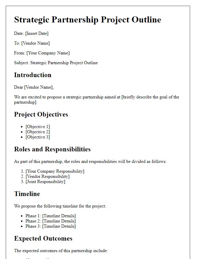 Letter template of strategic partnership project outline for vendors
