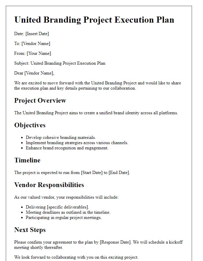 Letter template of united branding project execution plan with vendors