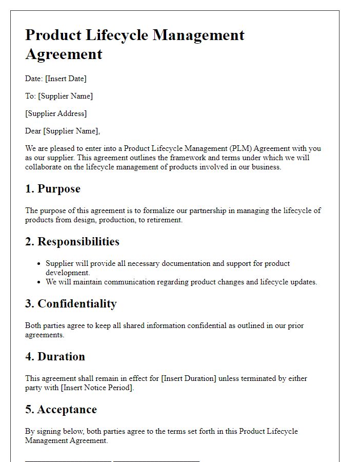 Letter template of Product Lifecycle Management Agreement with Suppliers