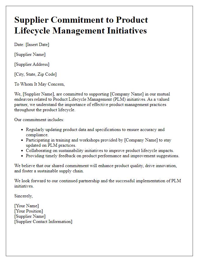 Letter template of Supplier Commitment to Product Lifecycle Management Initiatives