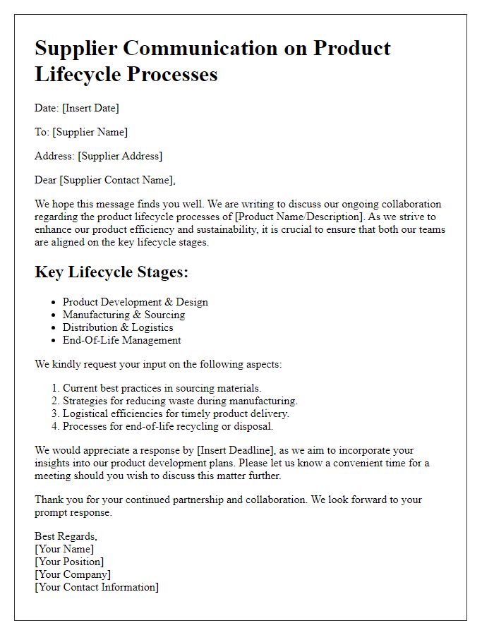 Letter template of Supplier Communication on Product Lifecycle Processes