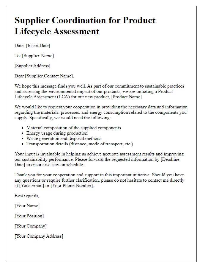 Letter template of Supplier Coordination for Product Lifecycle Assessment