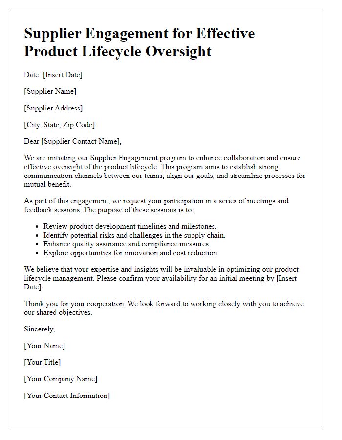 Letter template of Supplier Engagement for Effective Product Lifecycle Oversight