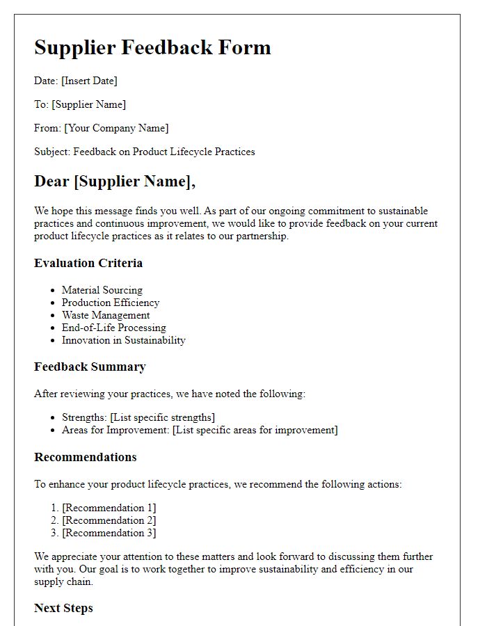 Letter template of Supplier Feedback on Product Lifecycle Practices