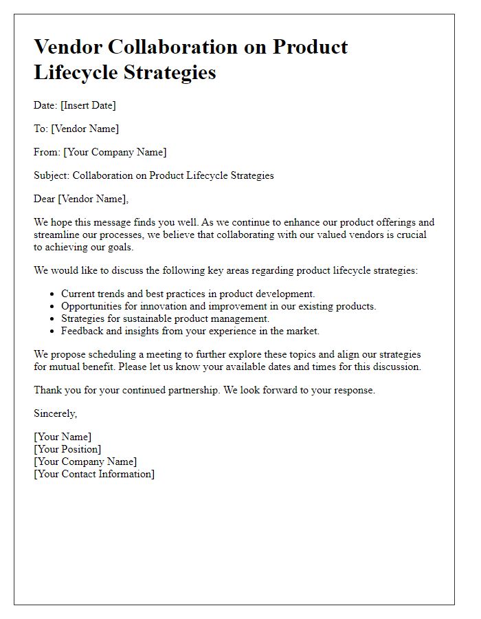 Letter template of Vendor Collaboration on Product Lifecycle Strategies