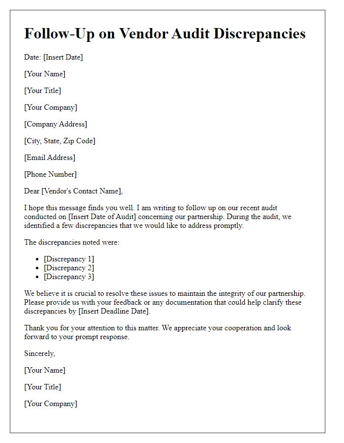 Letter template of Follow-Up on Vendor Audit Discrepancies