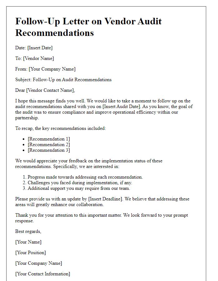 Letter template of Follow-Up on Vendor Audit Recommendations