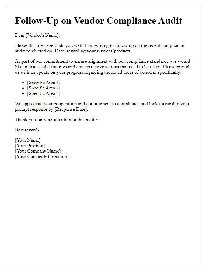 Letter template of Follow-Up on Vendor Compliance Audit