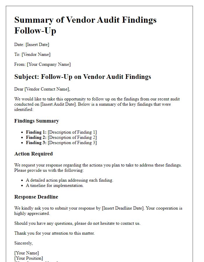 Letter template of Summary of Vendor Audit Findings Follow-Up