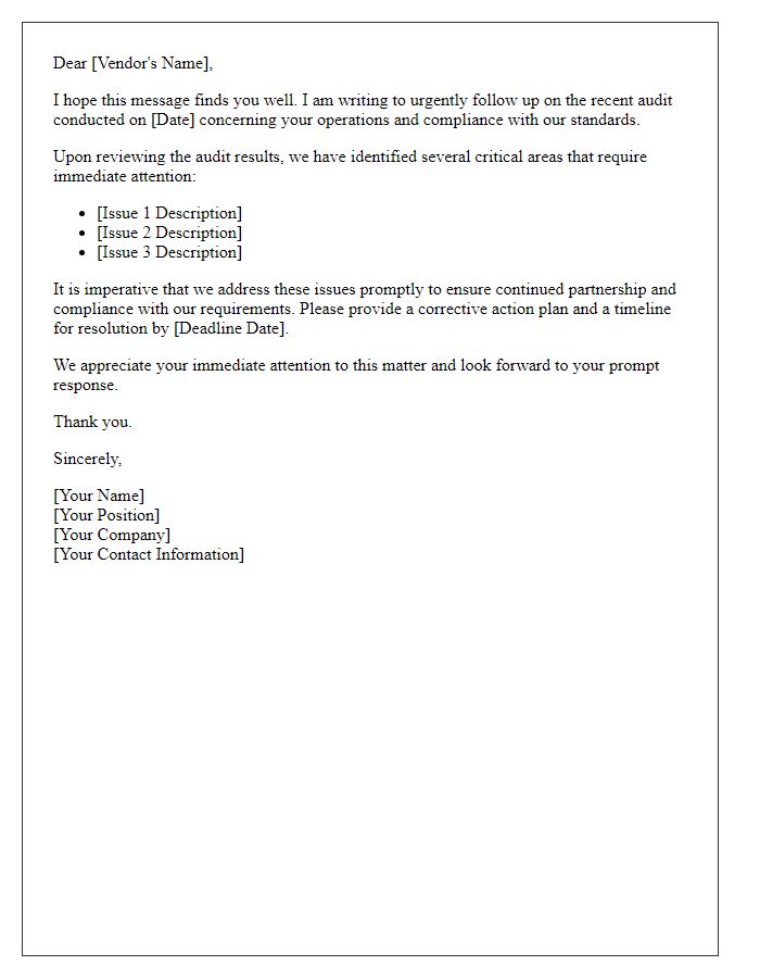 Letter template of Urgent Follow-Up on Vendor Audit Results