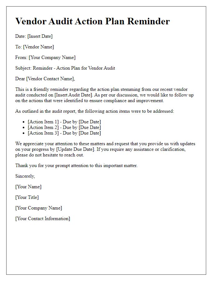 Letter template of Vendor Audit Action Plan Reminder