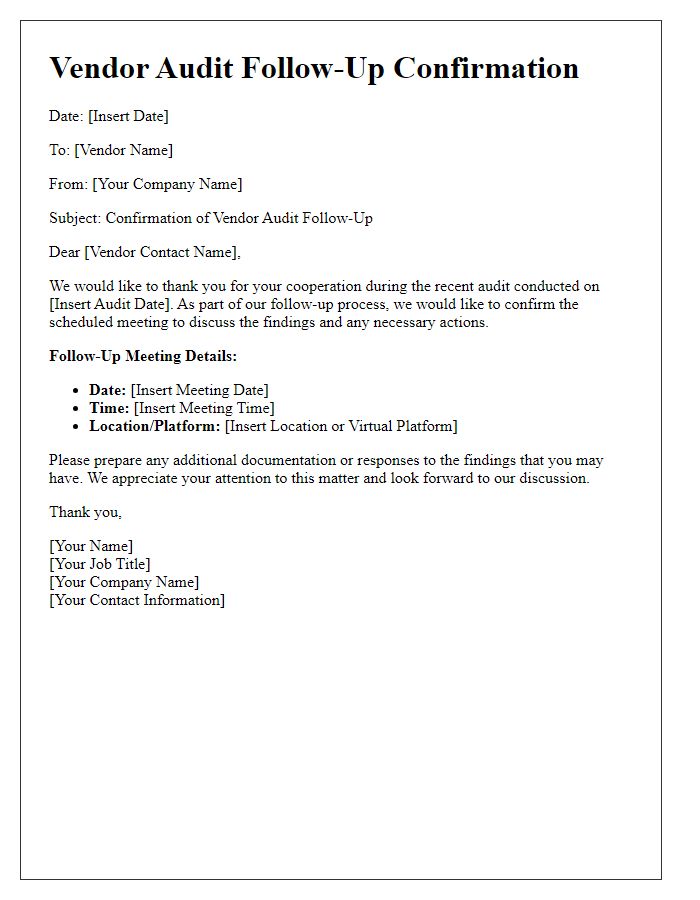 Letter template of Vendor Audit Follow-Up Confirmation