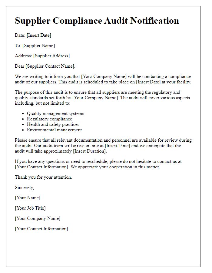 Letter template of supplier compliance audit notification