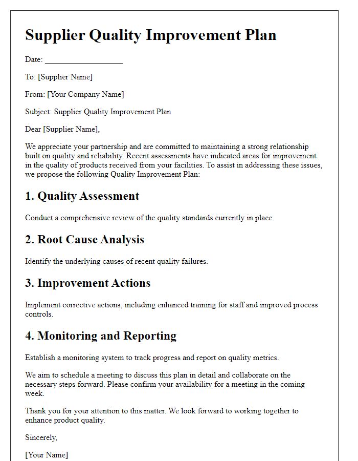 Letter template of supplier quality improvement plan