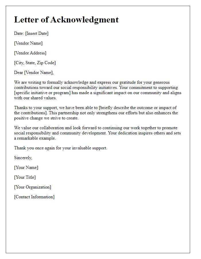 Letter template of Acknowledgment for Vendor Social Responsibility Contributions