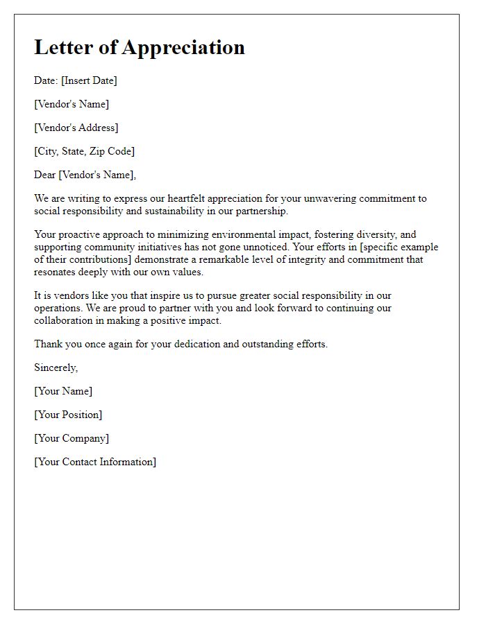 Letter template of Appreciation for Vendor Commitment to Social Responsibility