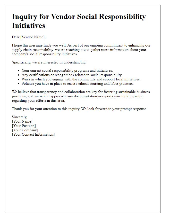 Letter template of Inquiry for Vendor Social Responsibility Initiatives