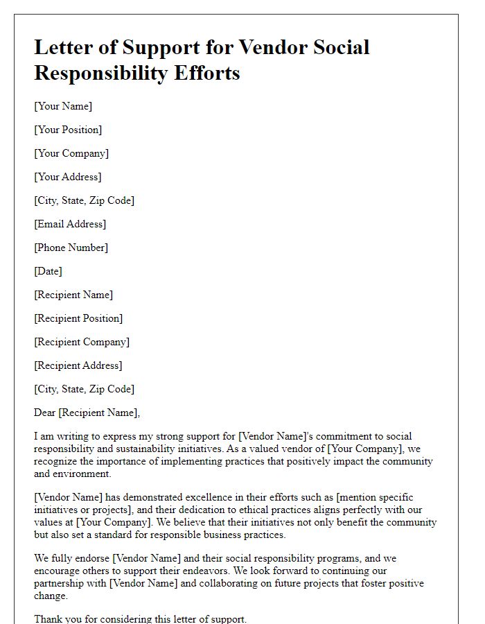 Letter template of Support or Sponsorship for Vendor Social Responsibility Efforts