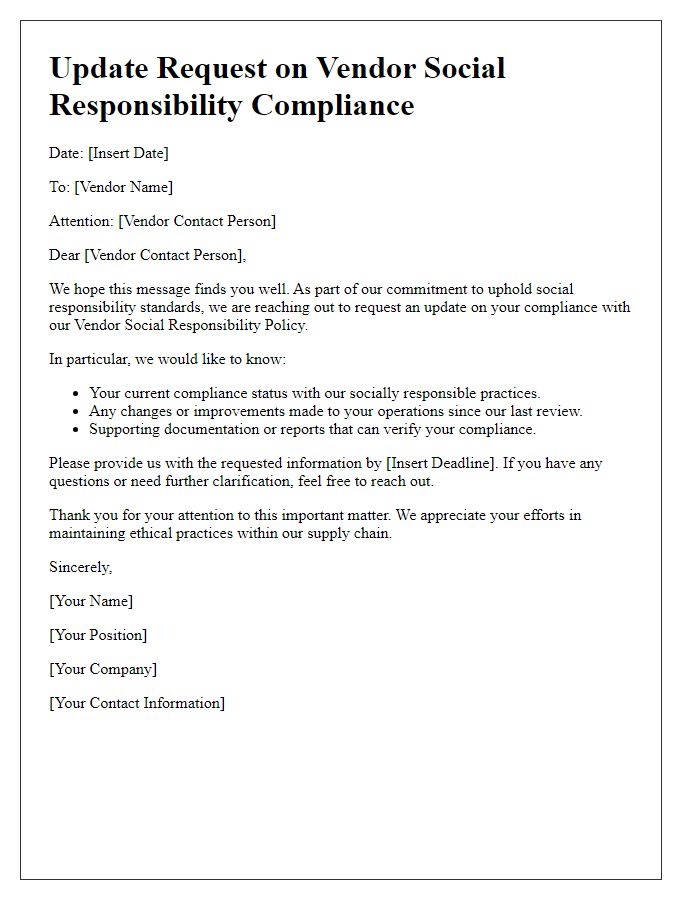 Letter template of Update Request on Vendor Social Responsibility Compliance