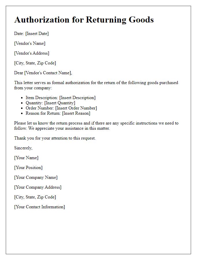 Letter template of authorization for returning goods to vendor.