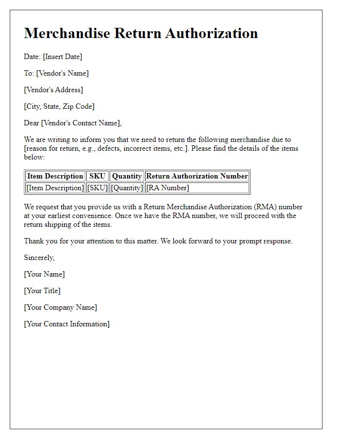 Letter template of merchandise return authorization for vendors.