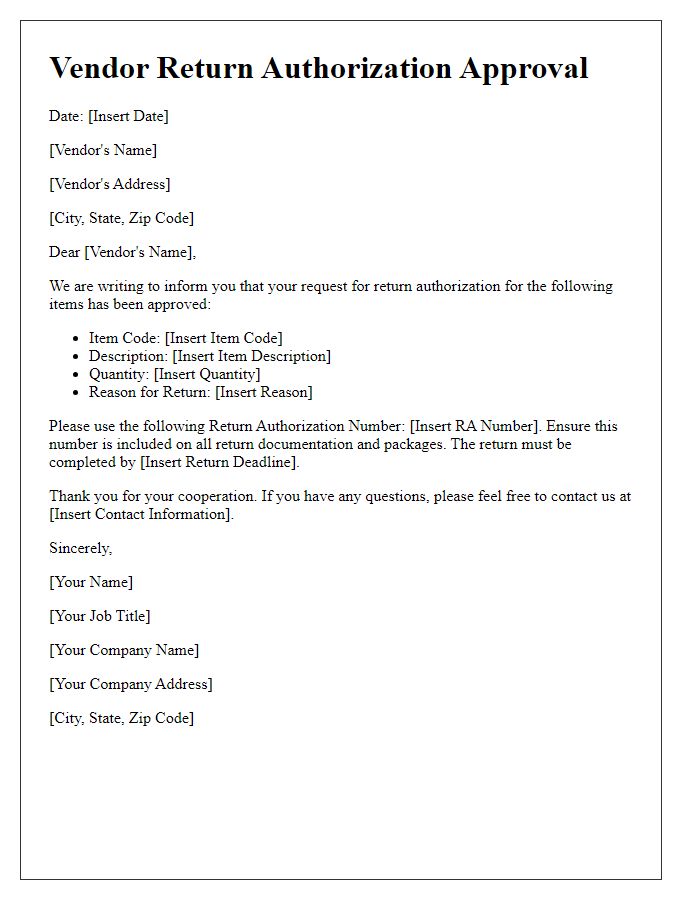 Letter template of notification for vendor return authorization approval.