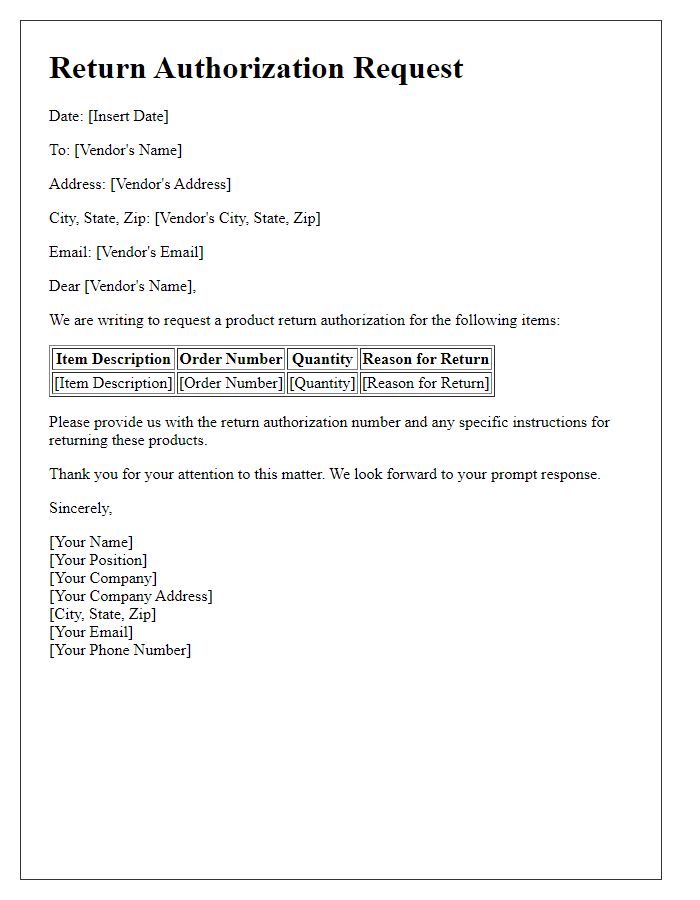 Letter template of product return authorization for vendors.