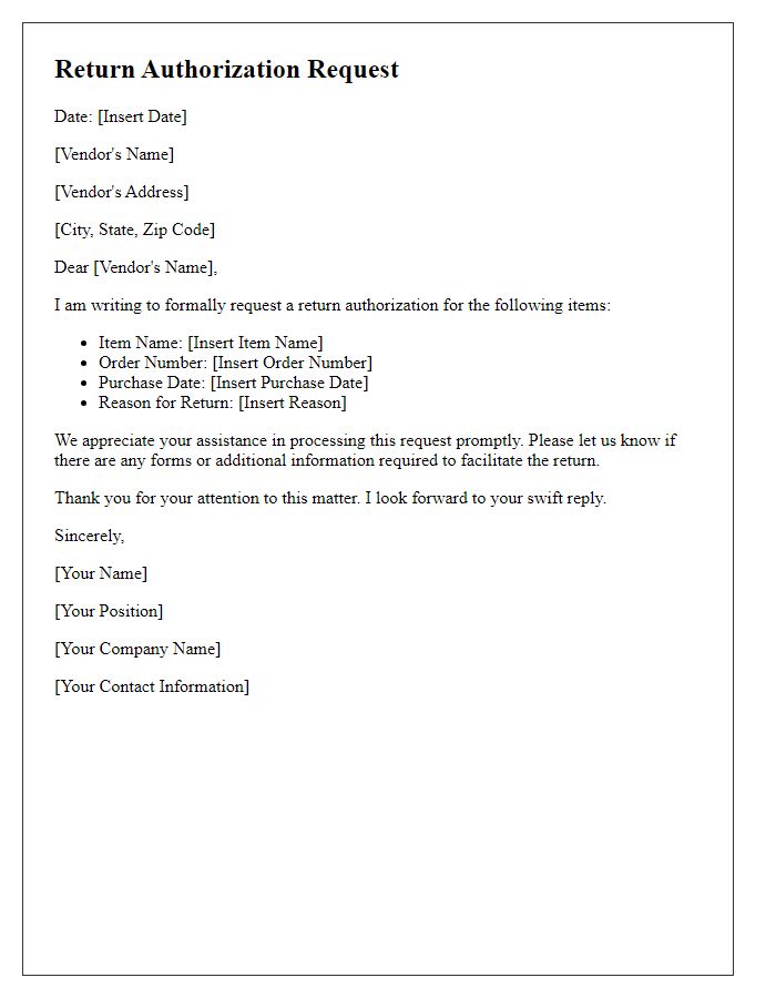 Letter template of request for return authorization from vendor.