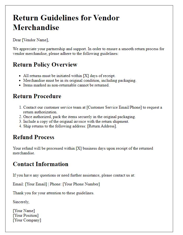 Letter template of return guidelines for vendor merchandise.