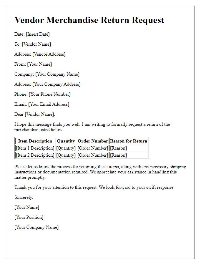 Letter template of vendor merchandise return request.