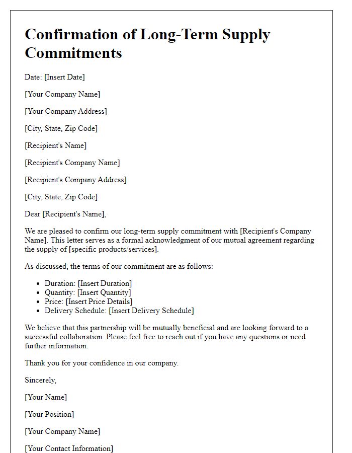 Letter template of confirmation for long-term supply commitments.